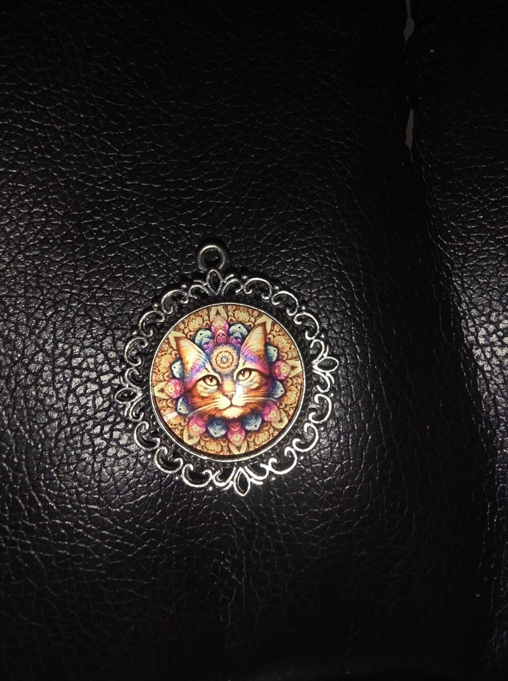 Abstract Cat Necklace Pendant Glass Cabochon Inside A Silver Tone Frame